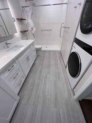 Washer Dryer Bathroom Combo - Manoa Valley Project: Expand a bathroom to add a washer and dryer. Bonus: Built a custom closet out of the remaining alcove space. All the upgrades, packed into one space. Washer Dryer Bathroom Combo - Manoa Valley Project: Expand a bathroom to add a washer and dryer. Bonus: Built a custom closet out of the remaining alcove space. All the upgrades, packed into one space.