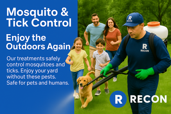 Mosquito & Tick Control - Mosquito & Tick Control That Lets You Enjoy the Outdoors Again
Our Mosquito & Tick Service runs from April through October, targeting pests where they live, hide, and breed—so you don’t have to share your yard with biting, disease-carrying insects. Ticks aren’t just annoying—they can transmit Lyme disease and other serious illnesses to your kids, pets, and family.
At Recon Pest Control, we don’t just spray and hope. We use a strategic treatment plan designed to reduce mosquito populations and help prevent tick bites, all while using products that are safe for both people and pets once dry.
Protect your family. Enjoy your yard. We've got your back. Mosquito & Tick Control - Mosquito & Tick Control That Lets You Enjoy the Outdoors Again
Our Mosquito & Tick Service runs from April through October, targeting pests where they live, hide, and breed—so you don’t have to share your yard with biting, disease-carrying insects. Ticks aren’t just annoying—they can transmit Lyme disease and other serious illnesses to your kids, pets, and family.
At Recon Pest Control, we don’t just spray and hope. We use a strategic treatment plan designed to reduce mosquito populations and help prevent tick bites, all while using products that are safe for both people and pets once dry.
Protect your family. Enjoy your yard. We've got your back.