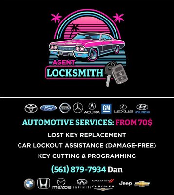 My motto is to solve your problems! - At Agent Locksmith, we specialize in fast and reliable automotive locksmith services. Whether you’re locked out of your car, lost your keys, or need a new key fob programmed, we provide professional and efficient solutions at competitive prices. With expertise in various vehicle makes and models, we ensure quick and damage-free service. Your convenience and security are my top priorities—call me when you need a trusted auto locksmith! My motto is to solve your problems! - At Agent Locksmith, we specialize in fast and reliable automotive locksmith services. Whether you’re locked out of your car, lost your keys, or need a new key fob programmed, we provide professional and efficient solutions at competitive prices. With expertise in various vehicle makes and models, we ensure quick and damage-free service. Your convenience and security are my top priorities—call me when you need a trusted auto locksmith!