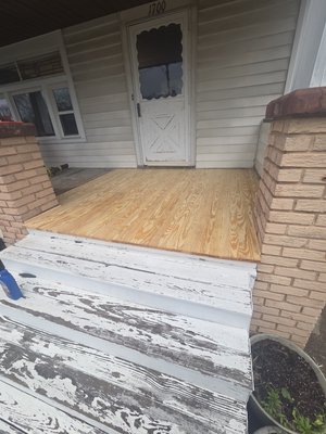 New front porch rebuild and repair - this front porch had holes broken and splintered wood . we gave it a makeover that the homeowner is proud to show off . New front porch rebuild and repair - this front porch had holes broken and splintered wood . we gave it a makeover that the homeowner is proud to show off .