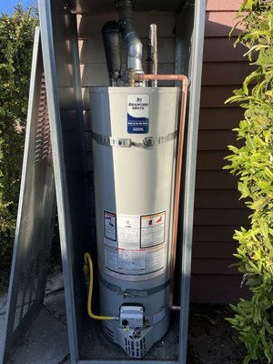 Water Heater - Our customer had a water heater that was out of warranty & needed extensive repairs. They decided it was time for a new/upgraded water heater and we were able to get that installed the same day! Our skilled Technician installed a new 40 gallon Bradford White water heater with new water and gas flexes, gas shutoff, sediment trap, t&p valve and drain line that exits the shed, as well as new double wall venting outside of the shed that goes past roof line. A storm collar was installed around the venting penetration at the top of shed and weather proofed it with Henry’s tar. Another satisfied customer! Water Heater - Our customer had a water heater that was out of warranty & needed extensive repairs. They decided it was time for a new/upgraded water heater and we were able to get that installed the same day! Our skilled Technician installed a new 40 gallon Bradford White water heater with new water and gas flexes, gas shutoff, sediment trap, t&p valve and drain line that exits the shed, as well as new double wall venting outside of the shed that goes past roof line. A storm collar was installed around the venting penetration at the top of shed and weather proofed it with Henry’s tar. Another satisfied customer!