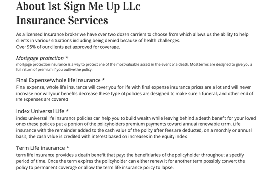 Insurance Services - As a licensed Insurance broker we have over two dozen carriers to choose from which allows us the ability to help clients in various situations including being denied because of health challenges.
Over 95% of our clients get approved for coverage. Insurance Services - As a licensed Insurance broker we have over two dozen carriers to choose from which allows us the ability to help clients in various situations including being denied because of health challenges.
Over 95% of our clients get approved for coverage.
