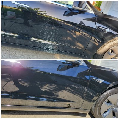PAINT REMOVED FROM CLEAR COAT. - someone intentionally spilled a paint on one of our clients' TESLA model 3 on side doors and on rims and tires. our client was really worried about their vehicle and didn't know what to do. they called us and explained the situation, and the next day, we were able to remove every single bit from all the surface and polished it after and came out really good. PAINT REMOVED FROM CLEAR COAT. - someone intentionally spilled a paint on one of our clients' TESLA model 3 on side doors and on rims and tires. our client was really worried about their vehicle and didn't know what to do. they called us and explained the situation, and the next day, we were able to remove every single bit from all the surface and polished it after and came out really good.
