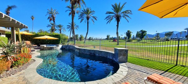 "THE SWEET SPOT" 2 Bedroom, 2 Bath, Max Occupancy 4 Guests - For more information and to request a reservation quote for your date range, visit https://www.pdvacationrentals.com/thesweetspot.
Located on the double fairway of The Palm Desert Country Club with pool and spa; this 2 bedroom 2 bath home is immaculate and beautifully decorated.
Situated on an 8000 sq. foot lot, 'The Sweet Spot' has plenty of outdoor space for entertaining. Park-like views of the Santa Rosa mountains, mature palm trees and manicured greens can be seen throughout the home and south facing backyard.
The master bedroom and living room have access to the pool and backyard with granite outdoor dining set and propane BBQ. The pool has a high privacy wall with a 3 foot copper spillway and a wide tanning bench where you can lay in 1 foot of water and just relax under the umbrella.
The clubhouse is within walking distance less than a minute away right out of the back yard gate. You can pick up your cart and start playing without having to drive anywhere.
Grocery stores, drug stores, dry cleaners, gas stations, beauty salons and restaurants are two minutes away from the house making it easy to get everything you need without driving all over town.
Convenient access to the entire desert, 'The Sweet Spot' is surrounded by championship golf courses as well as being 5 minutes away from the Tennis Garden, 20 minutes away from the Polo Grounds that hosts many of the valleys music festivals, 15 minutes away from downtown La Quinta and 10 minutes away from El Paseo for world class shopping and dining. "THE SWEET SPOT" 2 Bedroom, 2 Bath, Max Occupancy 4 Guests - For more information and to request a reservation quote for your date range, visit https://www.pdvacationrentals.com/thesweetspot.
Located on the double fairway of The Palm Desert Country Club with pool and spa; this 2 bedroom 2 bath home is immaculate and beautifully decorated.
Situated on an 8000 sq. foot lot, 'The Sweet Spot' has plenty of outdoor space for entertaining. Park-like views of the Santa Rosa mountains, mature palm trees and manicured greens can be seen throughout the home and south facing backyard.
The master bedroom and living room have access to the pool and backyard with granite outdoor dining set and propane BBQ. The pool has a high privacy wall with a 3 foot copper spillway and a wide tanning bench where you can lay in 1 foot of water and just relax under the umbrella.
The clubhouse is within walking distance less than a minute away right out of the back yard gate. You can pick up your cart and start playing without having to drive anywhere.
Grocery stores, drug stores, dry cleaners, gas stations, beauty salons and restaurants are two minutes away from the house making it easy to get everything you need without driving all over town.
Convenient access to the entire desert, 'The Sweet Spot' is surrounded by championship golf courses as well as being 5 minutes away from the Tennis Garden, 20 minutes away from the Polo Grounds that hosts many of the valleys music festivals, 15 minutes away from downtown La Quinta and 10 minutes away from El Paseo for world class shopping and dining.