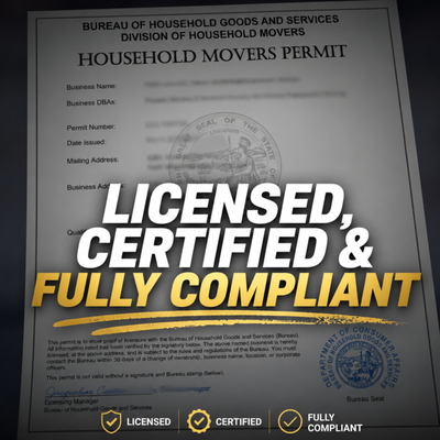 Licensed, Certified & Fully Compliant - Licensed, Certified & Fully Compliant
E Movers is one of the most thoroughly licensed moving companies in Southern California. We are proud to operate in full compliance with all state and federal regulations, giving our clients complete peace of mind.
 
State Licensing & Regulation Bureau of Household Goods and Services (BHGS — California) Department of Consumer Affairs (DCA — California) California Public Utilities Commission (CPUC)
 
Federal Licensing & Regulation United States Department of Transportation (USDOT) Federal Motor Carrier Safety Administration (FMCSA)
 
Local Registration Los Angeles County Registrar-Recorder/County Clerk
 
E Movers maintains all required licenses and insurance to protect you, your belongings, and your peace of mind.