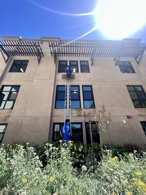 Belmont Village - Exterior/Interior Window Cleaning - Interior and exterior window cleaning was completed over the course of two days on this 5 story, 175 unit senior living center. A crew of 5 completed the cleaning using both a water-fed pole system which uses only purified water at a high intensity to clean and the squeegee/scrubber method.