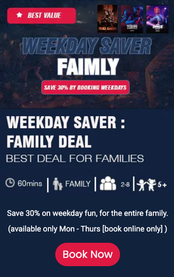 WeekDay Saver and Celebrate an Event $495 - Save 30% on a weekday memorable date night. Save 30% on weekday fun, with friends. Save 30% on weekday fun, for the entire family.(available only Mon - Thurs [book online only] )