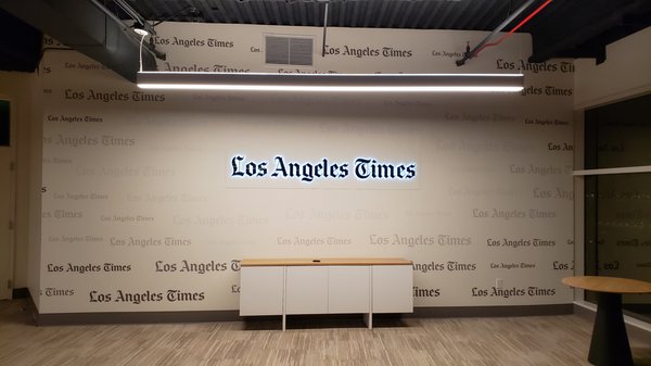 The Los Angeles Times - Interior branding for the legendary daily newspaper, The Los Angeles Times - Two styles of signage were selected for this project: wall decals and lighted letters. The decals were made of top-quality opaque vinyl and printed with durable UV inks. As for the light-up sign, we provided stunning backlit letters made of top-notch aluminum and acrylic materials. The Los Angeles Times - Interior branding for the legendary daily newspaper, The Los Angeles Times - Two styles of signage were selected for this project: wall decals and lighted letters. The decals were made of top-quality opaque vinyl and printed with durable UV inks. As for the light-up sign, we provided stunning backlit letters made of top-notch aluminum and acrylic materials.