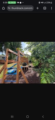 "Playground" - The client wanted to make one big playground from two used playgrounds. Some wooden elements were replaced.  Bolts and screws were mostly new.2