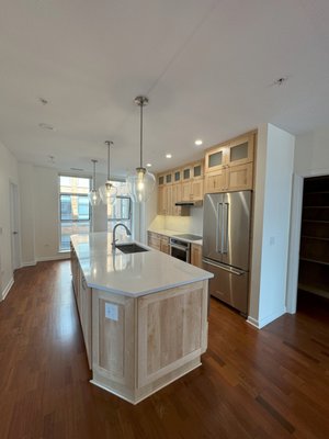 Evanston Kitchen Remodel - These Evanston homeowners were looking to update their dark galley kitchen, and the Regency Team was the right fit for the job. The team began by removing the overhead cabinets and relocating the storage space to the wider island. The clients chose Kraftmaid's natural finish cabinets in Putnam Maple for the new island and opposite wall, along with Valor white quartz countertops. Sleek appliances from ABT complete the beautiful new space. Evanston Kitchen Remodel - These Evanston homeowners were looking to update their dark galley kitchen, and the Regency Team was the right fit for the job. The team began by removing the overhead cabinets and relocating the storage space to the wider island. The clients chose Kraftmaid's natural finish cabinets in Putnam Maple for the new island and opposite wall, along with Valor white quartz countertops. Sleek appliances from ABT complete the beautiful new space.