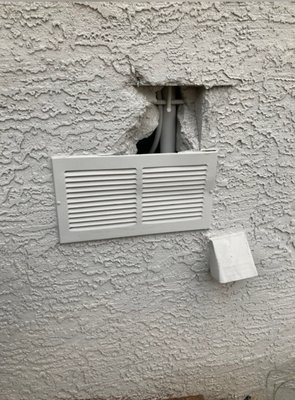 Stucco Window Removal - Customer had a window walled off on the inside. We removed the window from the outside and repaired the hole left behind to match the existing stucco. We also repaired 4 other smaller stucco holes around the house. Then we painted 1 coat with paint provided by the customer.
