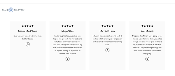 Member Testimonials - While we may be newer on Yelp, we're not new to great reviews! Check out a few of our recent reviews from our members. We're confident you'll have the same amazing experience at Club Pilates Clarkston! Member Testimonials - While we may be newer on Yelp, we're not new to great reviews! Check out a few of our recent reviews from our members. We're confident you'll have the same amazing experience at Club Pilates Clarkston!