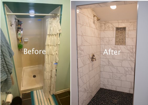 Millilani Remodel - This bathroom remodel was done during the summer of this year (2023). The homeowners were looking to expand their shower as the previous shower was a very small enclosed space. They turned out very happy as we made additional room and a shower niche for their soap. We used the Schluter system's materials which provides a lifetime warranty on their shower and ensures waterproofing behind the tile. If you are looking for a bathroom remodel similar to this, reach out to us for a free consultation and estimate on your renovation needs.