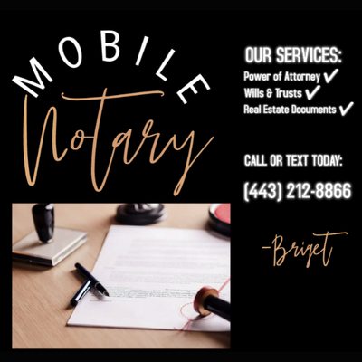 Mobile Services! - Best notary in town! Specializing in all notary services. Available from 3pm-9pm and full availability on weekends! Call or text to schedule appointments. Call +14432128866 Mobile Services! - Best notary in town! Specializing in all notary services. Available from 3pm-9pm and full availability on weekends! Call or text to schedule appointments. Call +14432128866