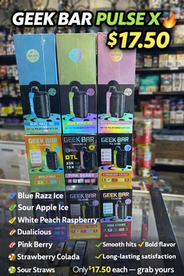 GEEK BAR SALES - Looking for smooth flavor, long-lasting performance, and zero hassle? The Geek Bar delivers all that and more for just $17.50!
✨ Up to thousands of puffs – Built to last
✨ Bold, smooth flavors – From fruity to icy cool
✨ Sleek & compact design – Perfect for on-the-go
✨ No refilling, no charging (model dependent) – Just open and enjoy
Whether you're switching things up or stocking your favorites, Geek Bar gives you premium quality without the premium price.
Grab yours today for only $17.50 – great flavor, great price, no stress. GEEK BAR SALES - Looking for smooth flavor, long-lasting performance, and zero hassle? The Geek Bar delivers all that and more for just $17.50!
✨ Up to thousands of puffs – Built to last
✨ Bold, smooth flavors – From fruity to icy cool
✨ Sleek & compact design – Perfect for on-the-go
✨ No refilling, no charging (model dependent) – Just open and enjoy
Whether you're switching things up or stocking your favorites, Geek Bar gives you premium quality without the premium price.
Grab yours today for only $17.50 – great flavor, great price, no stress.