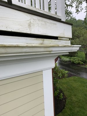 Exterior Gutter Cleaning in Manchester MA - These Gutters were covered in green grime until our gutter pros performed some gutter rehab Exterior Gutter Cleaning in Manchester MA - These Gutters were covered in green grime until our gutter pros performed some gutter rehab