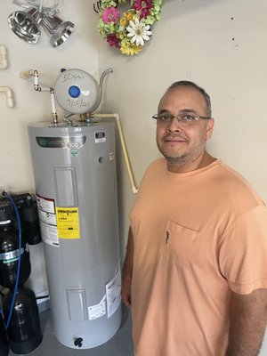Fernando's 50 gallon electric garage water heater - 50 gallon electric water heater in Fernando's garage. He participated in our introductory Summer Special, $999.00 complete install plus sales tax and inspection fee Fernando's 50 gallon electric garage water heater - 50 gallon electric water heater in Fernando's garage. He participated in our introductory Summer Special, $999.00 complete install plus sales tax and inspection fee