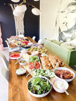 Brunch Bagel and Pancake Grazing Table - This grazing spread includes smoked salmon and 3 types of bagels and all the fixings including dill shmear and smoked salmon. Blueberry and regular pancakes, 5 fruit toppings, warm maple syrup and honey cinnamon whipped butter. Brunch Bagel and Pancake Grazing Table - This grazing spread includes smoked salmon and 3 types of bagels and all the fixings including dill shmear and smoked salmon. Blueberry and regular pancakes, 5 fruit toppings, warm maple syrup and honey cinnamon whipped butter.