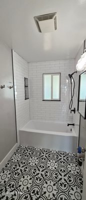 Orangevale bath remodel! - old bath tub shower was very updated and horrible craftsmanship, we help customer to get all the materials and do matching color for trim and water fixtures, client loves classic looking style ,so why no classic white subway tile with a accent of black decorative tile? turned out amazing. Orangevale bath remodel! - old bath tub shower was very updated and horrible craftsmanship, we help customer to get all the materials and do matching color for trim and water fixtures, client loves classic looking style ,so why no classic white subway tile with a accent of black decorative tile? turned out amazing.