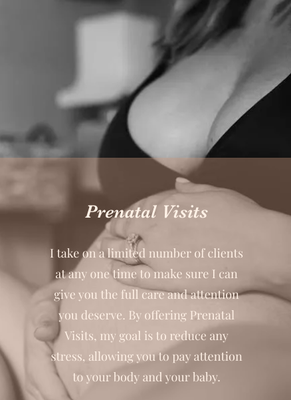 Prenatal Visits - I take on a limited number of clients at any one time to make sure I can give you the full care and attention you deserve. By offering Prenatal Visits, my goal is to reduce any stress, allowing you to pay attention to your body and your baby. We will take time to go over general childbirth education, manage birth anxieties and fears, go over your birth preferences and get to know eachother. Prenatal Visits - I take on a limited number of clients at any one time to make sure I can give you the full care and attention you deserve. By offering Prenatal Visits, my goal is to reduce any stress, allowing you to pay attention to your body and your baby. We will take time to go over general childbirth education, manage birth anxieties and fears, go over your birth preferences and get to know eachother.