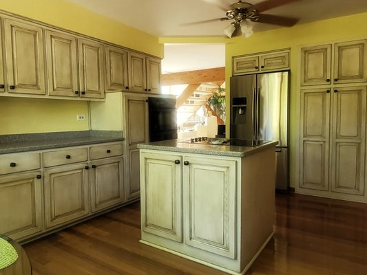 Kitchen Cabinetry Refinishing with Soft Glazing.
This is a decorative finish with multiple layers requiring proper dry times. - Our client was looking for a soft glazed (decorative) cabinetry finish for her beautiful nature-inspired home. The walls will be painted in a soft sage green soon, but we wanted to share this kitchen now. Everybody is thrilled with the results. It's a sanctuary! Kitchen Cabinetry Refinishing with Soft Glazing.
This is a decorative finish with multiple layers requiring proper dry times. - Our client was looking for a soft glazed (decorative) cabinetry finish for her beautiful nature-inspired home. The walls will be painted in a soft sage green soon, but we wanted to share this kitchen now. Everybody is thrilled with the results. It's a sanctuary!