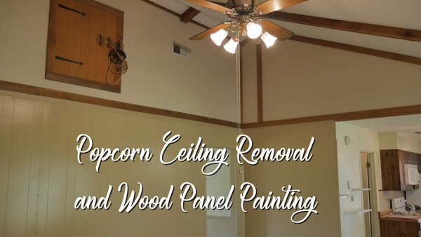 Popcorn Removal & Wood Paneling Repaint - This was in a home that had classic wood panel walls. Rather than remove them, they asked that these be painted over. We selected a slightly different color than the walls in a satin finish. The antique attic door and pulley were carefully protected as well as the natural wood trim.