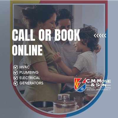 Call or book online! - C.M. Mose & Son is proud to have served homeowners across Kansas City for well over six decades. Founded by father-and-son team Cliff and Pete Mose, and now owned by Southern HVAC, C.M. Mose & Son delivers quality workmanship and stellar customer service every single time. If you’re concerned with indoor air quality, need a residential generator, or are looking for a skilled team to address your commercial electrical needs, we’ve got you covered. 

Our Kansas City heating, cooling, and electric pros use the best products, tools, and equipment, and we will make sure your needs are met. Every single time. Our goal is to make every customer a customer for life.