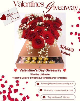 2026 Valentine's Day Giveaway - To Enter:
Follow our IG page @desertflowersboutique.lv
Like this post
Tag min 3 friends
Bonus Entry: Share this post to your Story and tag us!
Bonus Entry: Visit our web site and become one of our Web site members. It's FREE!