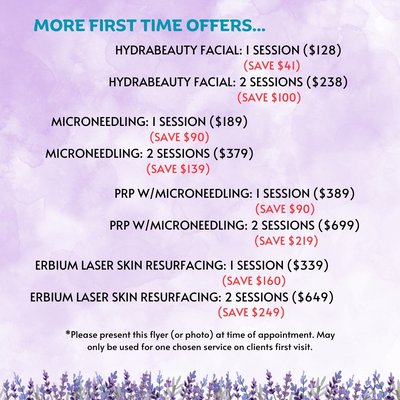 New Client Intro - Call or text us to claim your New Client Intro Offer if you are our first-time client and you've never been to our amazing Med and Day Spa yet! New Client Intro - Call or text us to claim your New Client Intro Offer if you are our first-time client and you've never been to our amazing Med and Day Spa yet!