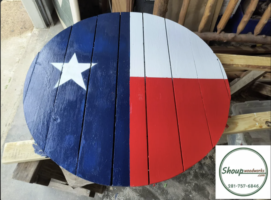 Custom Tables - Custom handmade table transformed with a hand-painted Texas flag design. Started as a simple wood piece and turned into a bold, one-of-a-kind statement table. Perfect for a rustic Texas touch to any space.