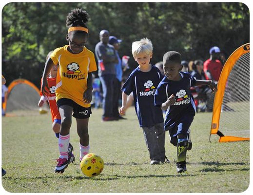 SOCCER LEAGUES - This league will build your child's individual soccer skill, enhance familiarity with the ball & empower their self-concept! With soccer moves such as pull-backs, steps-overs, L-turns & more being introduced and incorporated each league registration. This league contains all the elments & fundementals of the HappyFeet curriclum to help further advance your child's soccer skill as they progress from the Little Toes Program all the way through to the HappyFeet Advanced Program.
We continue to use our creative imagination while taking Bob the Bobcat (the name of our soccer ball) on adventures through the jungle, the enchanted forest, to the ocean or even outer space all while mixing in dynamic soccer moves and pumping up their self-esteem each week!!!
And of course, everything is age appropriate and conducted in a comfortable Family FUN environment to ensure that all children not only have fun, but also learn many kinds of soccer skills along the way! This is a great time for parents and even grandparents to come together and live the FUN as much as our little friends do!! SOCCER LEAGUES - This league will build your child's individual soccer skill, enhance familiarity with the ball & empower their self-concept! With soccer moves such as pull-backs, steps-overs, L-turns & more being introduced and incorporated each league registration. This league contains all the elments & fundementals of the HappyFeet curriclum to help further advance your child's soccer skill as they progress from the Little Toes Program all the way through to the HappyFeet Advanced Program.
We continue to use our creative imagination while taking Bob the Bobcat (the name of our soccer ball) on adventures through the jungle, the enchanted forest, to the ocean or even outer space all while mixing in dynamic soccer moves and pumping up their self-esteem each week!!!
And of course, everything is age appropriate and conducted in a comfortable Family FUN environment to ensure that all children not only have fun, but also learn many kinds of soccer skills along the way! This is a great time for parents and even grandparents to come together and live the FUN as much as our little friends do!!
