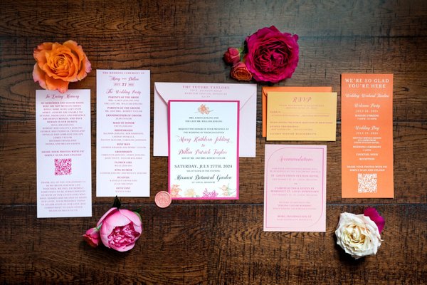 Mary and Dillon Wedding - This vibrant summer wedding took place at the beautiful Botanical Gardens, where the bride envisioned a lively, garden-inspired aesthetic. Take a closer look at their custom stationery and wedding details here → https://chelseyhuffdesign.com/blog/mary-dillon