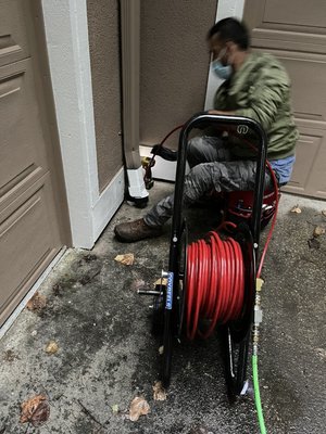 Downspout Drain Cleaning - Customer had 4 clogged downspouts that we used hydro jet to unclog them all so there won’t be any water backup. We only work on Drains; Installation, Cleaning, or Emergency Services.