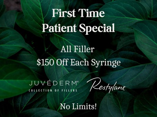 New Patient Filler Special - New patients get $150 off each and every filler offered here at Glow Aesthetic Center. Choose from Juvederm or Restylane.
Lip Fillers
Chin Fillers
Cheek Fillers
Jawline Fillers
Under-Eye Fillers
And much more! New Patient Filler Special - New patients get $150 off each and every filler offered here at Glow Aesthetic Center. Choose from Juvederm or Restylane.
Lip Fillers
Chin Fillers
Cheek Fillers
Jawline Fillers
Under-Eye Fillers
And much more!