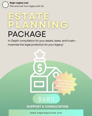Estate Planning Consultation Package - 🌿 Estate Planning Consultation – $680
Take control of your future with a personalized estate planning session. This in-depth consultation is designed to help you understand your legal and financial options — from setting up a trust and minimizing taxes to protecting your assets and ensuring your loved ones are cared for.
Whether you’re planning for the first time or updating an existing plan, our attorney will guide you through every step with clarity and care.
📅 What’s included:
In-depth consultation with an experienced estate planning attorney
Review of your current assets and goals
Guidance on wills, trusts, and tax-saving strategies
Customized legal recommendations for your situation
🕒 Duration: 60 minutes
💼 Cost: $680 (applied toward your plan if you proceed with services)
Protect what matters most — schedule your consultation today: https://outlook.office.com/book/EstatePlanningPackage@sagelegacylaw.com/?ismsaljsauthenabled Estate Planning Consultation Package - 🌿 Estate Planning Consultation – $680
Take control of your future with a personalized estate planning session. This in-depth consultation is designed to help you understand your legal and financial options — from setting up a trust and minimizing taxes to protecting your assets and ensuring your loved ones are cared for.
Whether you’re planning for the first time or updating an existing plan, our attorney will guide you through every step with clarity and care.
📅 What’s included:
In-depth consultation with an experienced estate planning attorney
Review of your current assets and goals
Guidance on wills, trusts, and tax-saving strategies
Customized legal recommendations for your situation
🕒 Duration: 60 minutes
💼 Cost: $680 (applied toward your plan if you proceed with services)
Protect what matters most — schedule your consultation today: https://outlook.office.com/book/EstatePlanningPackage@sagelegacylaw.com/?ismsaljsauthenabled