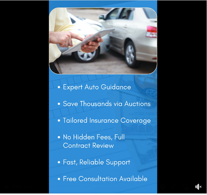 Trusted auto deals and insurance made simple - Auto Broker Concierge connects clients with the perfect vehicles, ensures contract clarity, prioritizes asset protection, and offers comprehensive insurance solutions—making the car-buying experience seamless and stress-free. 🚗💼
💡 Expert Auto Guidance
💰 Save Thousands via Auctions
🛡️ Tailored Insurance Coverage
📃 No Hidden Fees – Full Contract Review
⚡ Fast, Reliable Support
🎁 Free Consultation Available! Trusted auto deals and insurance made simple - Auto Broker Concierge connects clients with the perfect vehicles, ensures contract clarity, prioritizes asset protection, and offers comprehensive insurance solutions—making the car-buying experience seamless and stress-free. 🚗💼
💡 Expert Auto Guidance
💰 Save Thousands via Auctions
🛡️ Tailored Insurance Coverage
📃 No Hidden Fees – Full Contract Review
⚡ Fast, Reliable Support
🎁 Free Consultation Available!