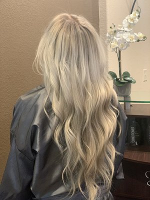 Color correction - This was a color correction, from drab yellow to icy blonde with a root smudge. Color correction - This was a color correction, from drab yellow to icy blonde with a root smudge.