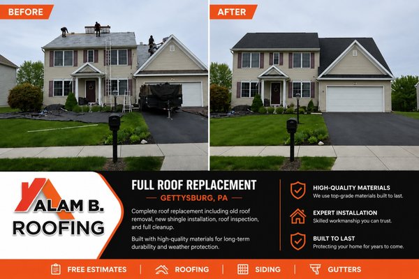 Full Roof Replacement in Gettysburg, PA - Complete roof replacement completed by Alam B Roofing in Gettysburg, PA.
This project included old roof removal, new shingle installation, roof inspection, and full cleanup.
Our team completed the project using high-quality materials designed for long-term durability and weather protection.
Free estimates available for homeowners in Pennsylvania and Maryland.