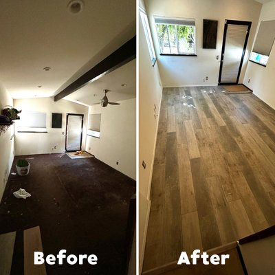 From Carpet to Laminate - Removed old carpet, prepped the floor, installed new laminate and baseboards. Job took 2 days, cost $960. Client was very happy with the result. From Carpet to Laminate - Removed old carpet, prepped the floor, installed new laminate and baseboards. Job took 2 days, cost $960. Client was very happy with the result.