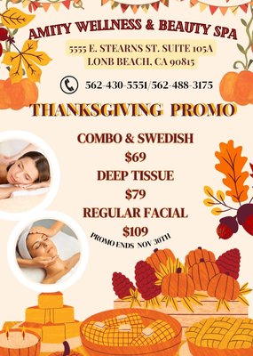 Thanksgiving Special Promo - Lets celebrate Thanksgiving and enjoy our services with a discount
Its time to relax and rejuvenate yourself...
Gift Certificate is also available Thanksgiving Special Promo - Lets celebrate Thanksgiving and enjoy our services with a discount
Its time to relax and rejuvenate yourself...
Gift Certificate is also available