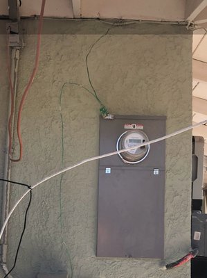 Electrical panel patch; solar. - Electrical panel patch; before image with finished lath, caulked & water tight ready for stucco. Final image finished with stucco texture and color matched to existing. Completion requires two days for color matched finishes. Electrical panel patch; solar. - Electrical panel patch; before image with finished lath, caulked & water tight ready for stucco. Final image finished with stucco texture and color matched to existing. Completion requires two days for color matched finishes.