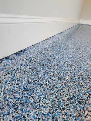 Carolina Panthers custom garage flooring - This transFLOORmation took place in July of 2022 in Fort Mill, SC. This client chose to go with the full flake coating system with the stem walls included for a seamless, professional showroom quality floor. He was on a short timeframe and needed the entire process completed in one day, so we made it happen. As a big Panthers fan, we created a vibrant color combination to create the vibe perfect for Sunday’s. With an endless amount of color combinations and choices, we create floors custom to your personality and creativity.
