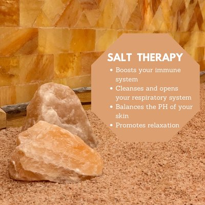 What is Salt Therapy? - Halotherapy, also known as Dry Salt Therapy, is a holistic treatment used to alleviate various skin and lung conditions.
In the salt cave (room with salt covering the floors and walls) a halogenerator pumps a fine salt mist through the air, which is breathed in and opens the passageways of the lungs. Salt is anti-inflammatory so it helps to open the air passageways. It also can help to remove mucus, allergens and pathogens from your respiratory system. Many also feel relief in their muscles and joints since it salt anti-inflammatory. Salt also helps to balance the PH of your skin.
Come sit for a 45min session while the salt surrounds you. You can wear regular clothing or more comfortable clothing. You can wear socks or go barefoot. We also have comfy blankets if you feel chilly, it is 72 degrees in the room.
Halotherapy in a salt cave is also helpful for relaxation and emotional recharging. What is Salt Therapy? - Halotherapy, also known as Dry Salt Therapy, is a holistic treatment used to alleviate various skin and lung conditions.
In the salt cave (room with salt covering the floors and walls) a halogenerator pumps a fine salt mist through the air, which is breathed in and opens the passageways of the lungs. Salt is anti-inflammatory so it helps to open the air passageways. It also can help to remove mucus, allergens and pathogens from your respiratory system. Many also feel relief in their muscles and joints since it salt anti-inflammatory. Salt also helps to balance the PH of your skin.
Come sit for a 45min session while the salt surrounds you. You can wear regular clothing or more comfortable clothing. You can wear socks or go barefoot. We also have comfy blankets if you feel chilly, it is 72 degrees in the room.
Halotherapy in a salt cave is also helpful for relaxation and emotional recharging.