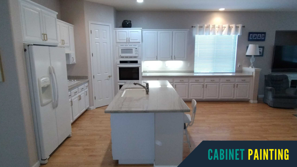 Cabinet Refinishing & Painting - This kitchen underwent a full cabinet refinishing transformation. The original oak cabinets were carefully cleaned, sanded, primed, and sprayed with a durable white finish for a modern, refreshed look. New hardware was added to complete the update. The result is a clean, bright, and elegant kitchen that feels brand new without replacing the cabinetry. Cabinet Refinishing & Painting - This kitchen underwent a full cabinet refinishing transformation. The original oak cabinets were carefully cleaned, sanded, primed, and sprayed with a durable white finish for a modern, refreshed look. New hardware was added to complete the update. The result is a clean, bright, and elegant kitchen that feels brand new without replacing the cabinetry.