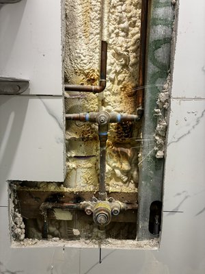 Shower Valve Repair - This was a leaking shower valve body. Unfortunately, in order to repair this the wall tiles had to be cut and replaced. We scheduled a building water shutdown, drained the system, cut out the existing shower body, installed the new shower body, pressure & leak tested the system turning the water to the building back on, tilers came in after us and completed the tile installation.