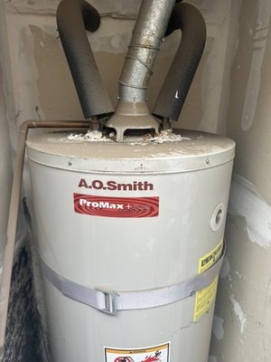 Water heater replacement and mold repair - Old water heater had been leaking for some time. As shown in pictures water created the perfect environment for mold. We cut out all moldy drywall and replaced it with new 5/8th drywall. Installed a new 40 gallon water heater and 2 new flex hoses. Water heater replacement and mold repair - Old water heater had been leaking for some time. As shown in pictures water created the perfect environment for mold. We cut out all moldy drywall and replaced it with new 5/8th drywall. Installed a new 40 gallon water heater and 2 new flex hoses.