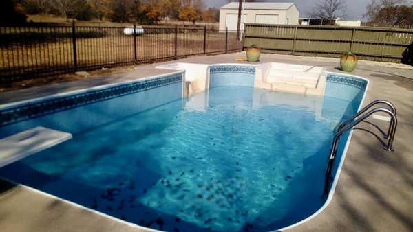 Rectangle with built in steps - This rectangle pool needed a new liner replacement and a new bottom. The pictures show the process and the beautiful transformation with a new liner. Rectangle with built in steps - This rectangle pool needed a new liner replacement and a new bottom. The pictures show the process and the beautiful transformation with a new liner.