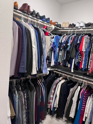 Couples Closet Refresh - This couple has been married for 3 years and his and her clothes were completely mixed up. Rearranging the closet has made it a more relaxing place to get dressed and now they both know what clothes they have and what fits. Couples Closet Refresh - This couple has been married for 3 years and his and her clothes were completely mixed up. Rearranging the closet has made it a more relaxing place to get dressed and now they both know what clothes they have and what fits.