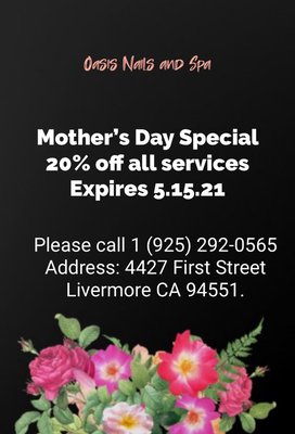 Mother’s Day Special
20% off all services
Expires 5.15.21 - Mother’s Day Special
20% off all services
Expires 5.15.21
Treat Mom to a day at the Spa Mother’s Day Special
20% off all services
Expires 5.15.21 - Mother’s Day Special
20% off all services
Expires 5.15.21
Treat Mom to a day at the Spa