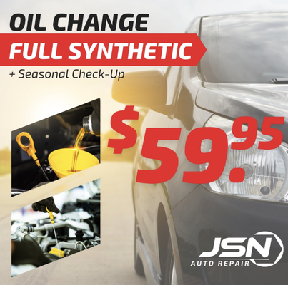 Oil Changes - Get fast, affordable oil changes at any of our six SW Florida locations. JSN Auto Repair’s ASE Certified technicians use quality oils and filters to protect your engine and keep your car running smoothly, no appointment needed.

Services:
✔️ Oil & filter change
✔️ Fluid level check
✔️ Basic vehicle inspection

Why Choose Us? Enjoy fast turnaround while you wait, choose from conventional or synthetic oil, and enjoy peace of mind with our 36-month/36,000-mile warranty. Family owned since 1997, we treat every car like our own.

Stay ahead on maintenance, stop by or call 941-485-5823 to schedule your oil change today! You can also book online